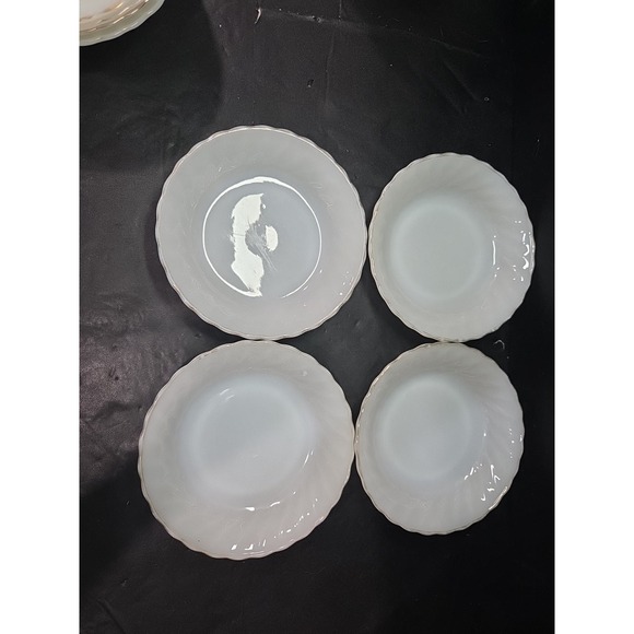 Anchor Hocking Fire King Swirl Bowls, 8.5" Milk Glass Bowls, Gold Trim, Set Of 4 - Picture 1 of 9